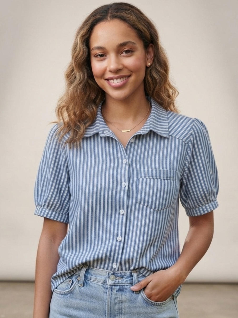 Blue and White Striped Short-Sleeve Button-Up Shirt